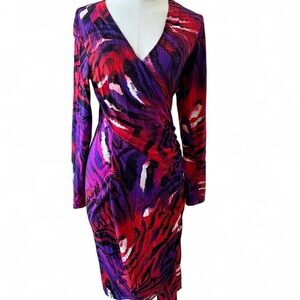 Cache Women's Bodycon Wrap Dress Y2K Abstract Tropical Vibrant Print - Large